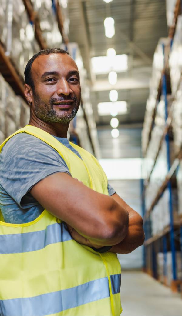 About 3 warehouse worker crossing arms