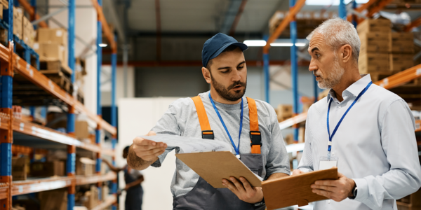 Warehouse Manager reviews strategies to reduce overtime costs with a supervisor