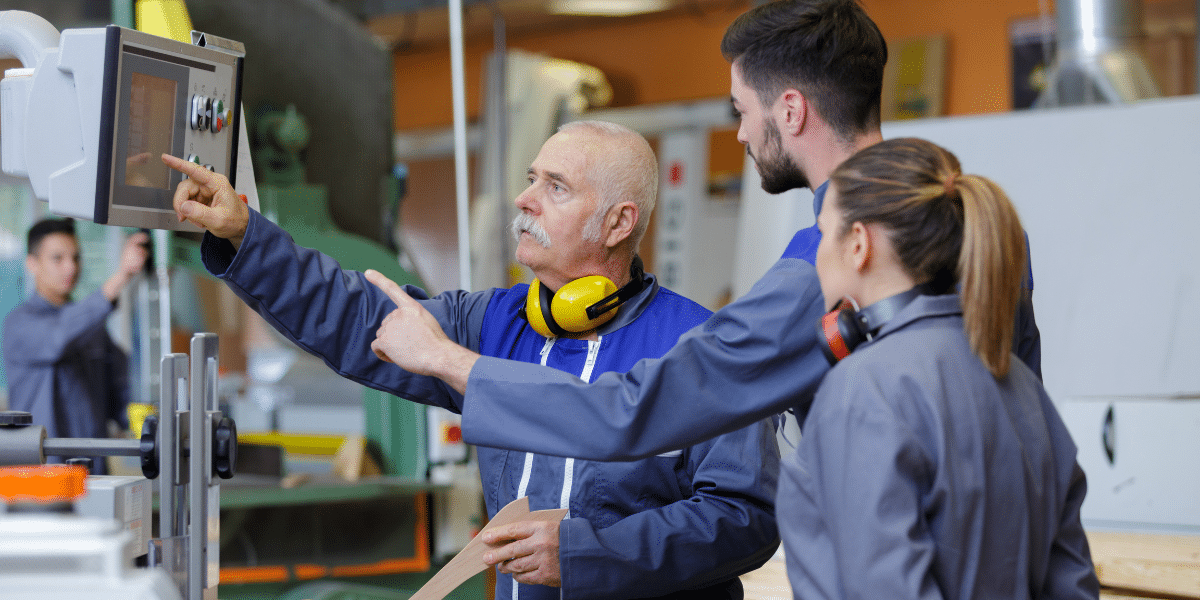 Employees discussing new strategies to close the manufacturing skills gap in their company.