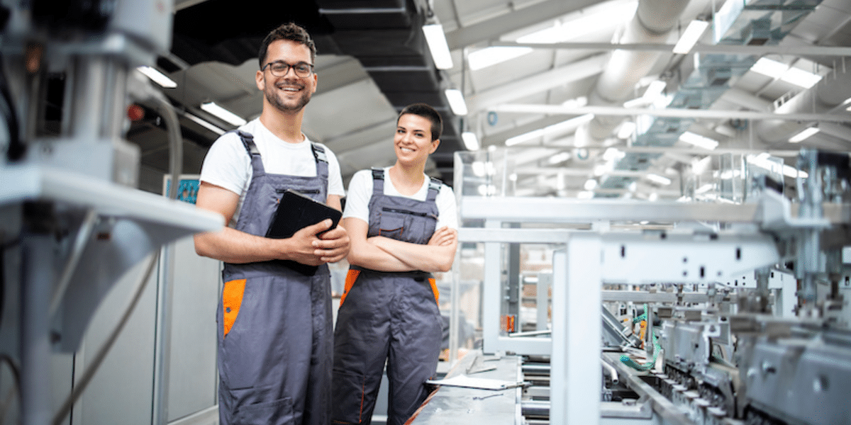 Assembly line workers in a manufacturing environment