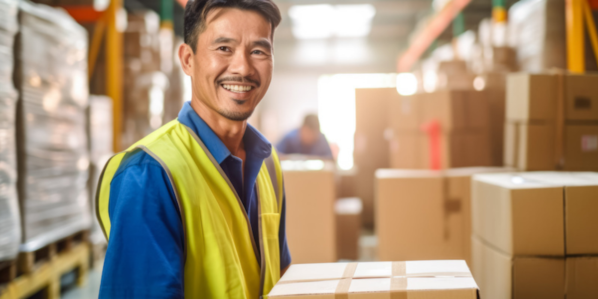 Happy worker handling a box in a warehouse