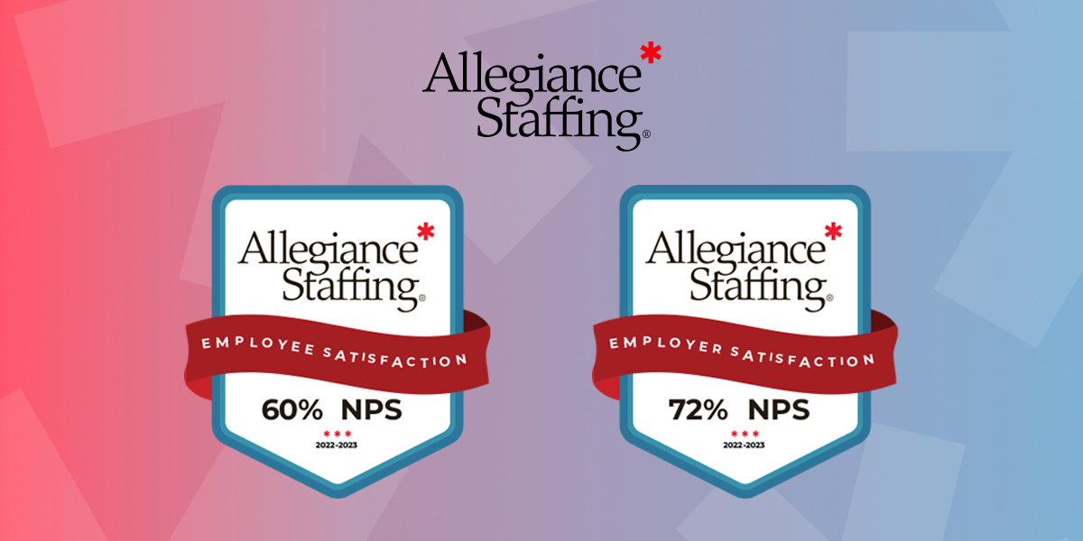 Graphic highlighting Allegiance Staffing surpassing NPS benchmarks for employer and employee satisfaction