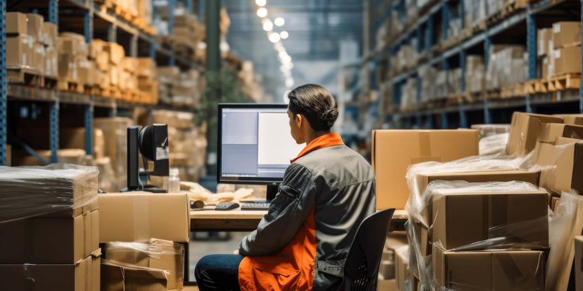 Worker sitting at a desk in a warehouse reviewing information on a computer