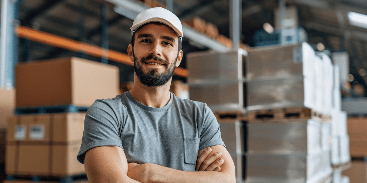 Employee standing in a warehouse ready to go to work