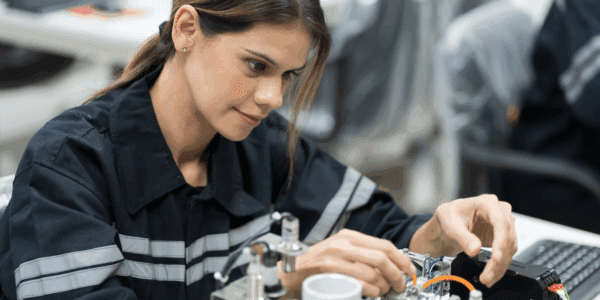 Manufacturing worker carefully using tools in a factory setting