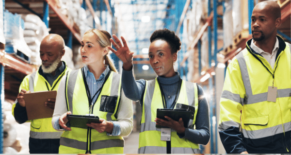 Supply chain workers collaborating in a warehouse setting