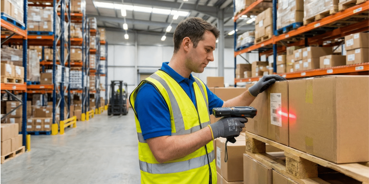 Warehouse worker scanning a package inside the facility